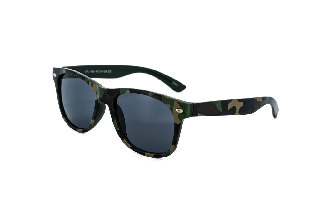 Green woodland camo kids wayfarer sunglasses with smoke grey lenses and silver rivet accents
