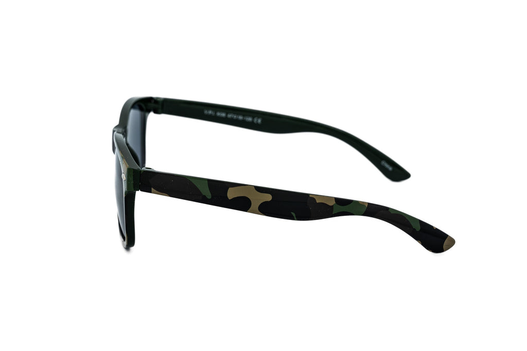 Green woodland camo kids wayfarer sunglasses with smoke grey lenses and silver rivet accents — view 3