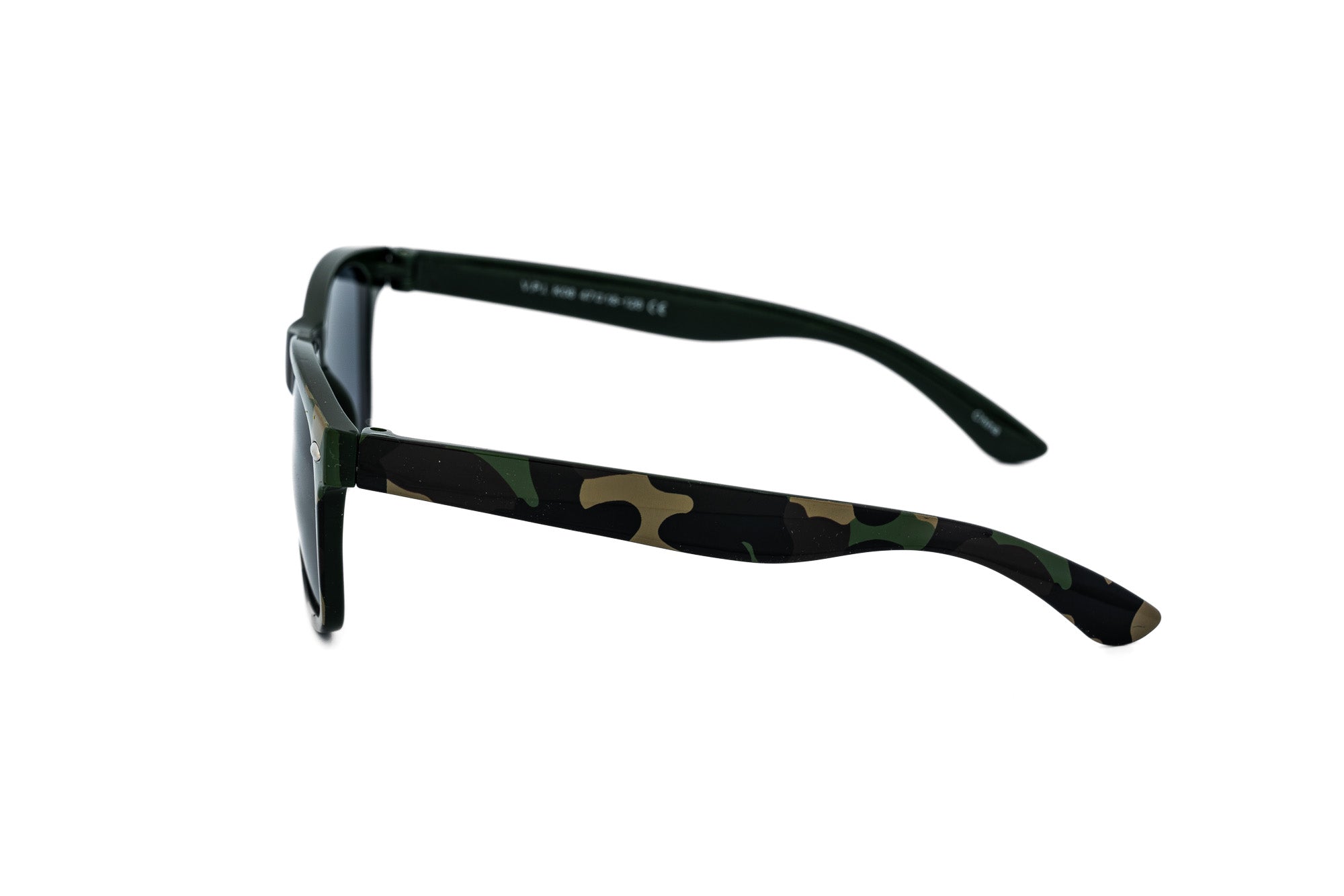 Green woodland camo kids wayfarer sunglasses with smoke grey lenses and silver rivet accents — view 3