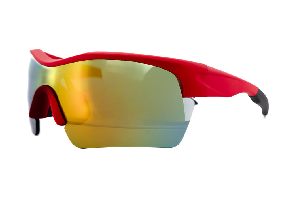 KOVE kids sport shield sunglasses with red matte wraparound frames and gold-red mirrored lenses