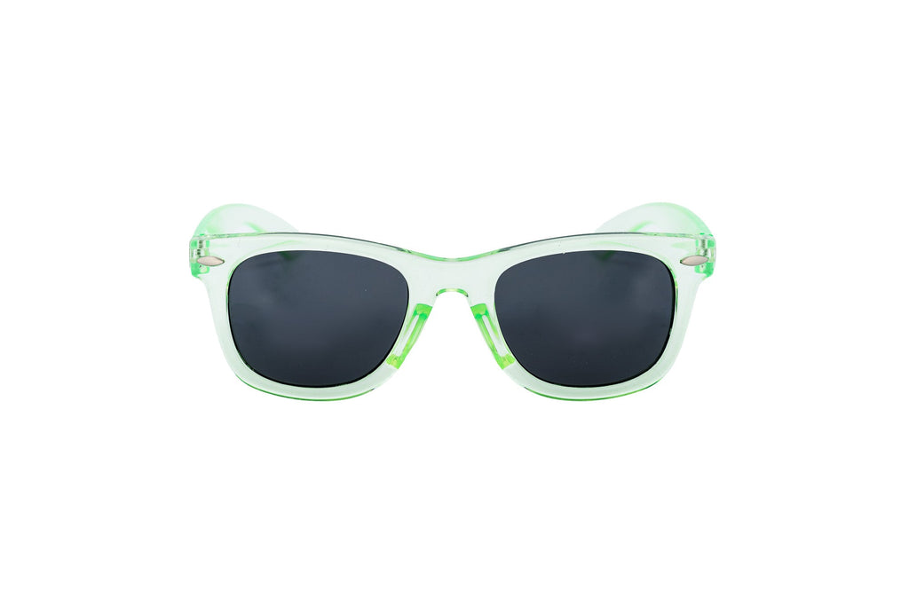 Translucent pink kids wayfarer sunglasses with brown tinted lenses and glossy acetate finish — view 5