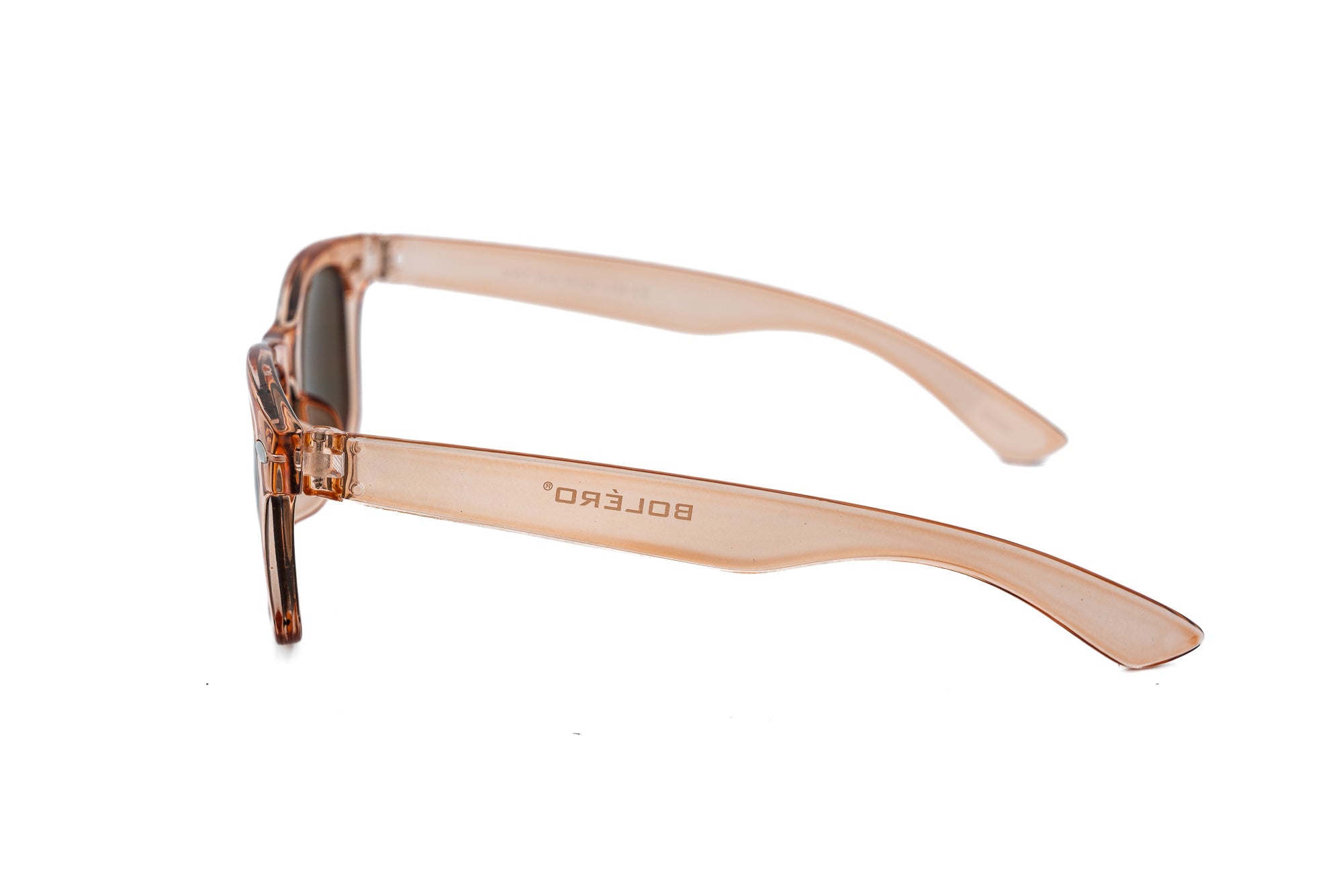 Translucent pink kids wayfarer sunglasses with brown tinted lenses and glossy acetate finish — view 3