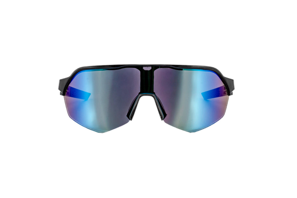 Black kids sport shield sunglasses with blue-green iridescent mirrored lenses and textured rubber grip temples — view 2