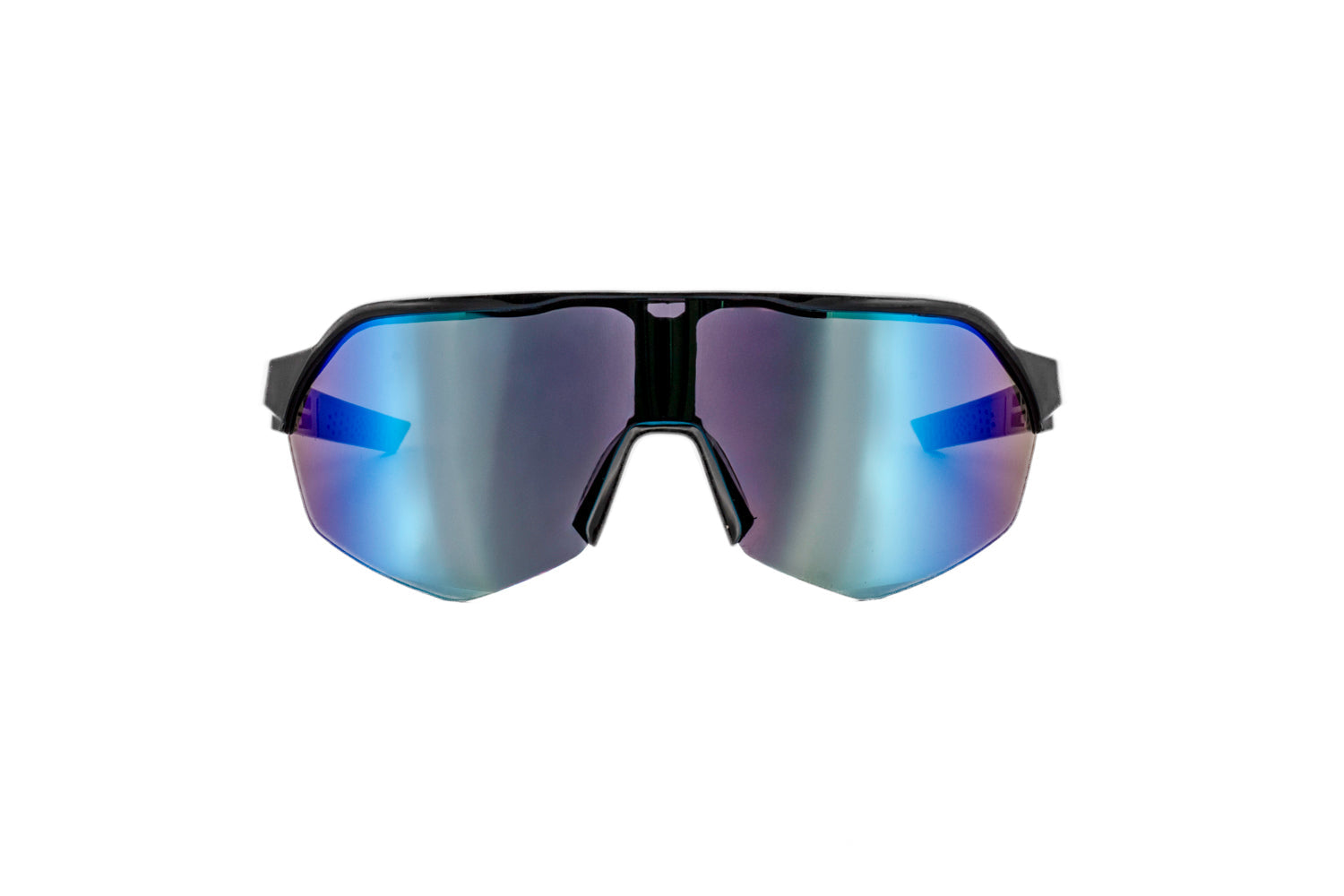 Black kids sport shield sunglasses with blue-green iridescent mirrored lenses and textured rubber grip temples — view 2