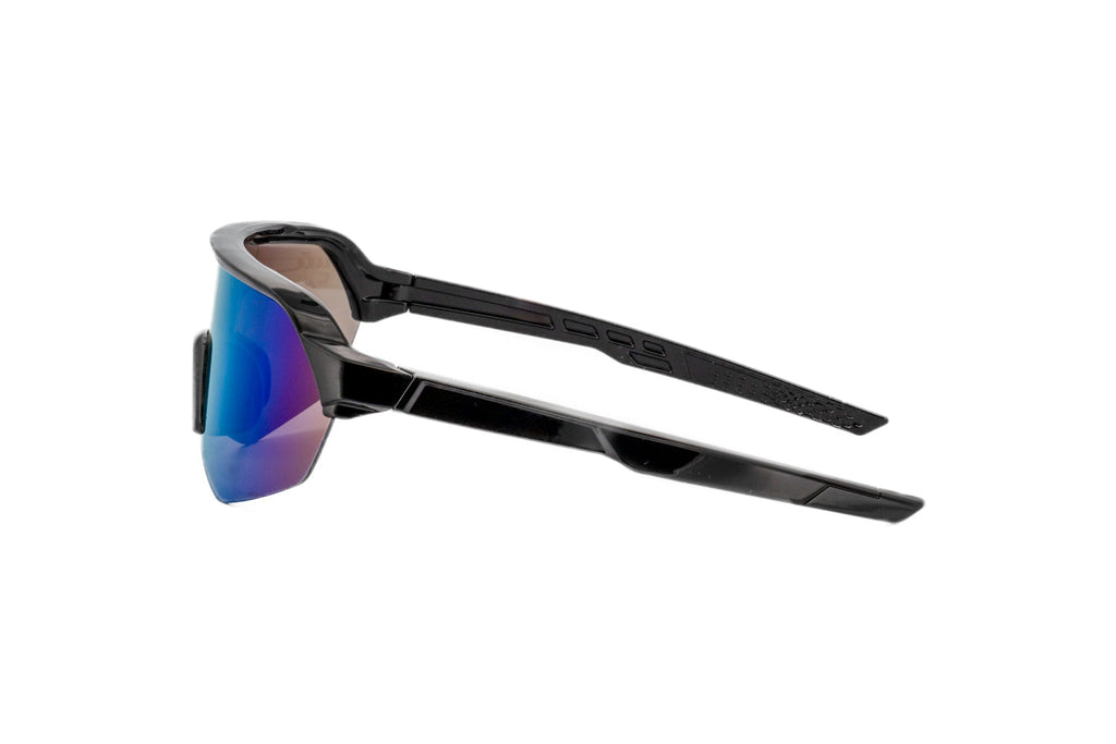 Black kids sport shield sunglasses with blue-green iridescent mirrored lenses and textured rubber grip temples — view 3
