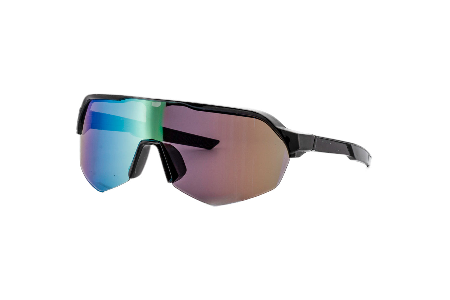 Black kids sport shield sunglasses with blue-green iridescent mirrored lenses and textured rubber grip temples