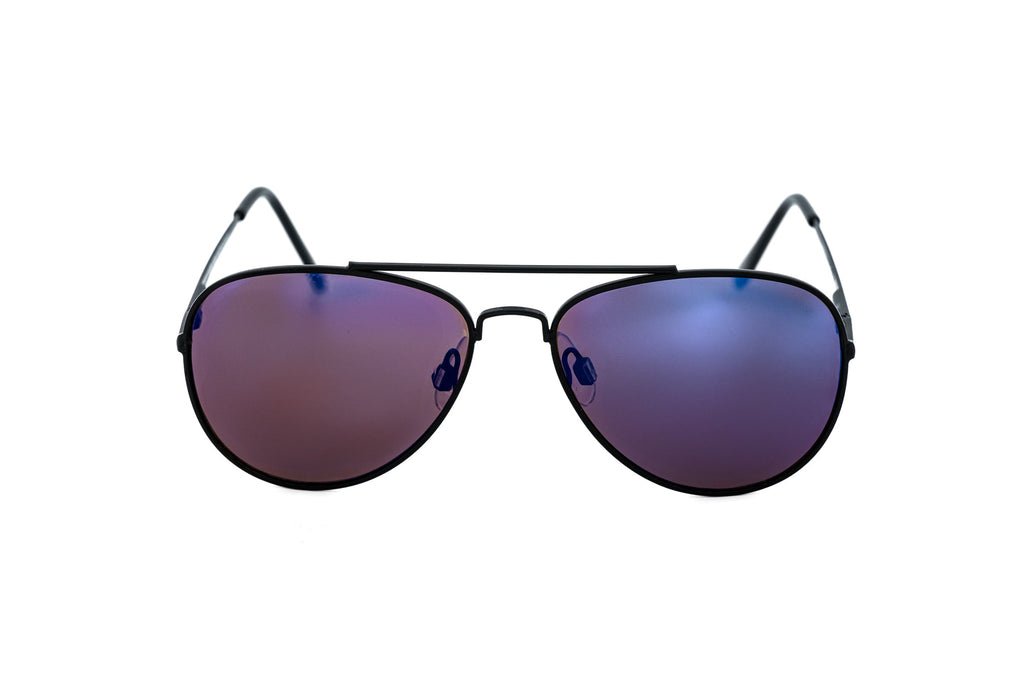 Matte black metal kids aviator sunglasses with purple blue mirrored lenses and adjustable nose pads — view 2