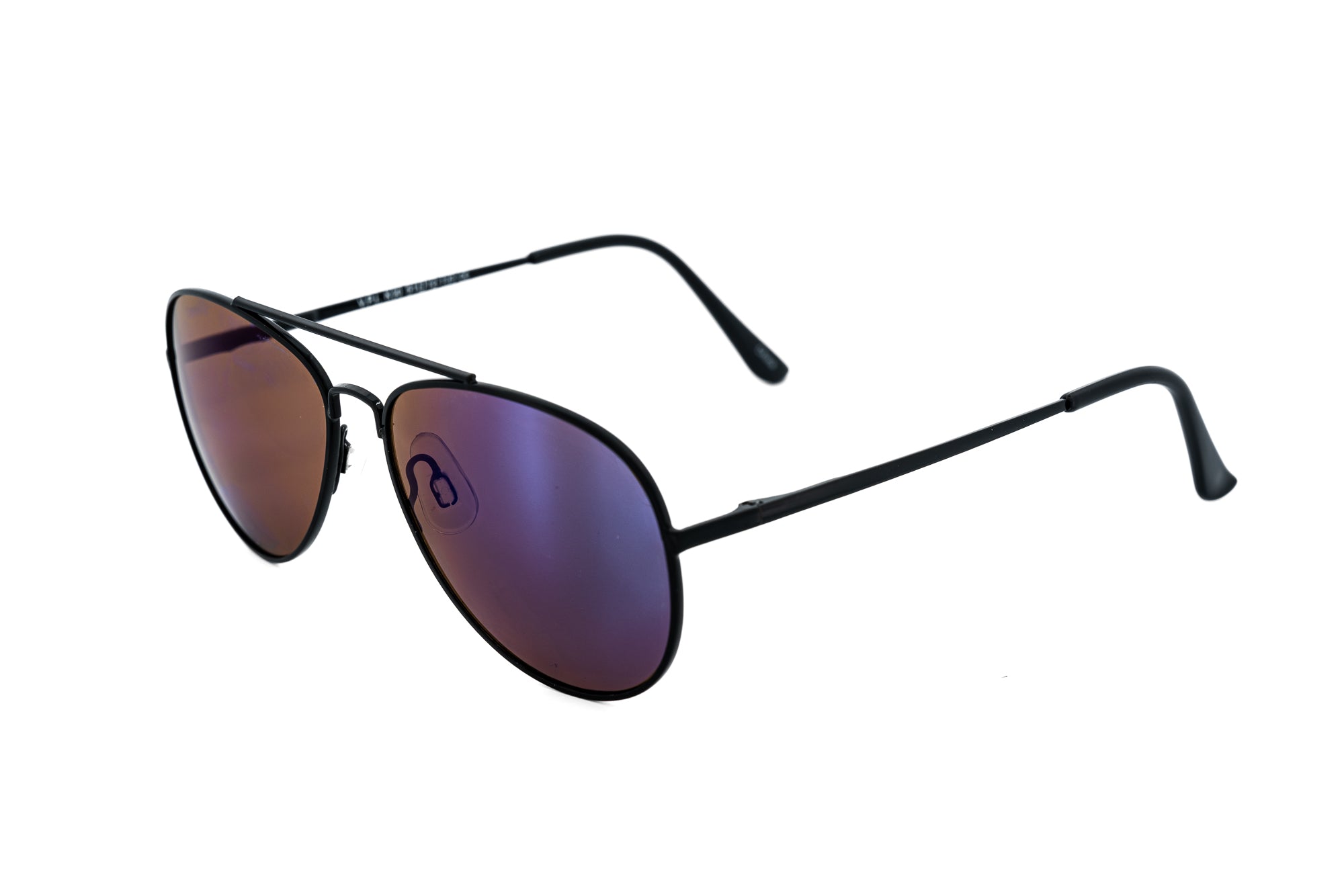 Matte black metal kids aviator sunglasses with purple blue mirrored lenses and adjustable nose pads