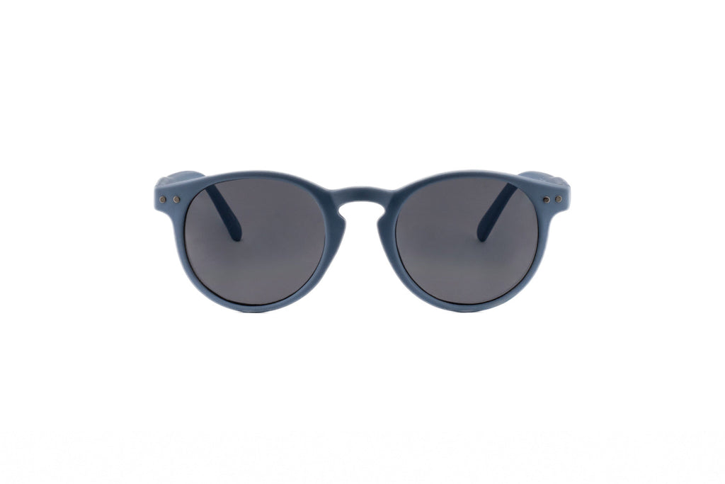 Matte dusty blue kids round keyhole sunglasses with dark smoke lenses and retro rivet details — view 2