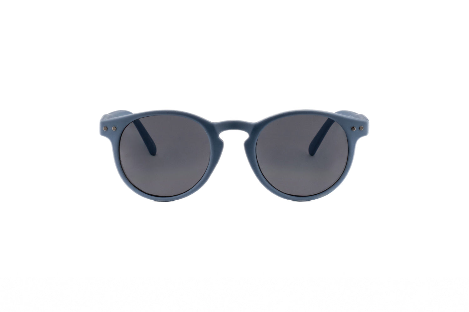 Matte dusty blue kids round keyhole sunglasses with dark smoke lenses and retro rivet details — view 2