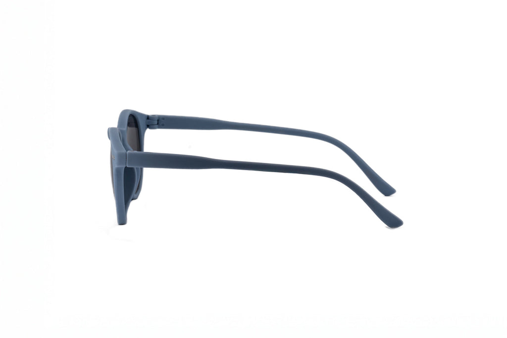 Matte dusty blue kids round keyhole sunglasses with dark smoke lenses and retro rivet details — view 3