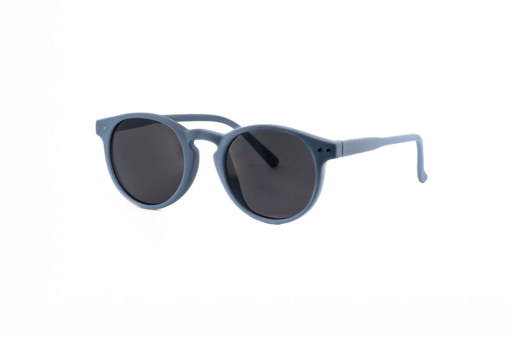Matte dusty blue kids round keyhole sunglasses with dark smoke lenses and retro rivet details