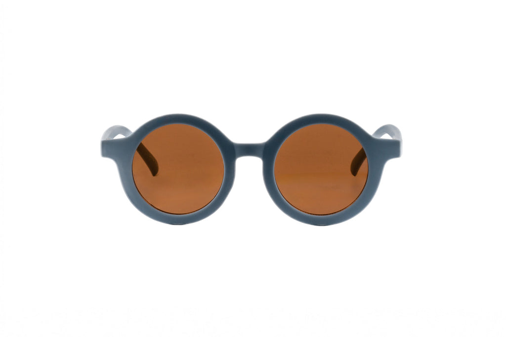 Kids round sunglasses with matte blue polycarbonate frames and amber tinted lenses for toddlers. — view 2