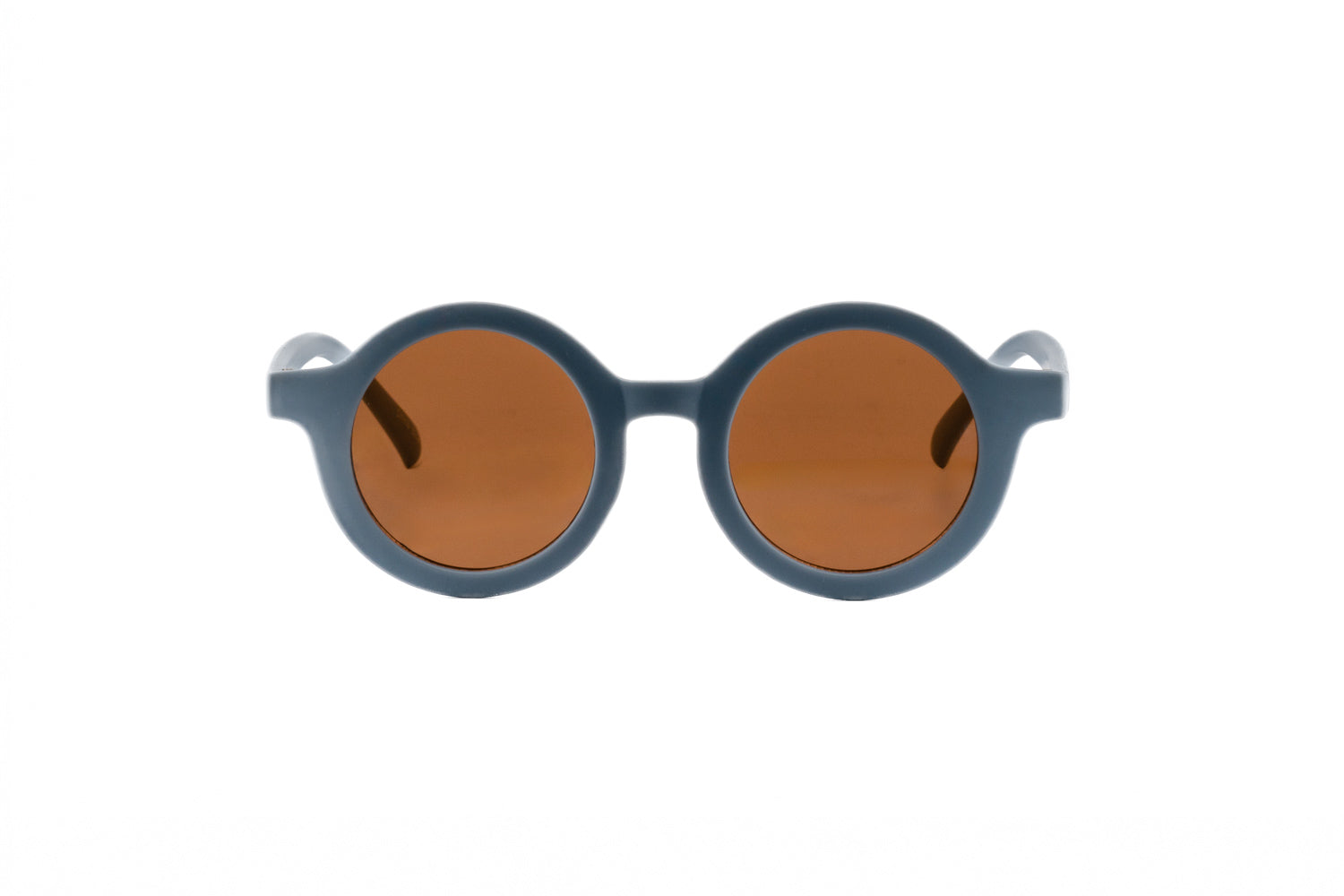 Kids round sunglasses with matte blue polycarbonate frames and amber tinted lenses for toddlers. — view 2
