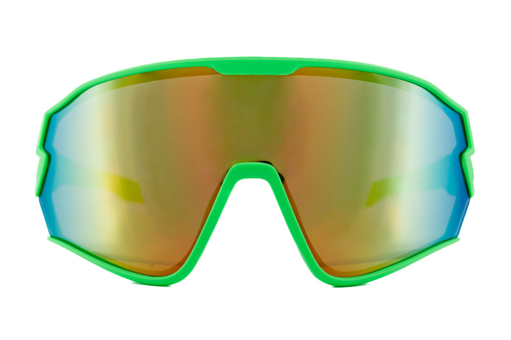 Kids sport shield sunglasses with red matte polycarbonate frame and gold mirrored lenses. — view 5