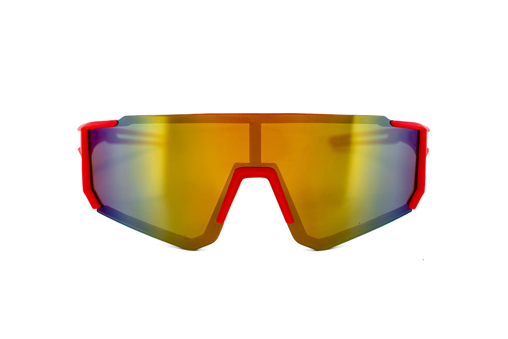 Kids sport shield sunglasses with red matte polycarbonate frame and gold mirrored lenses. — view 2