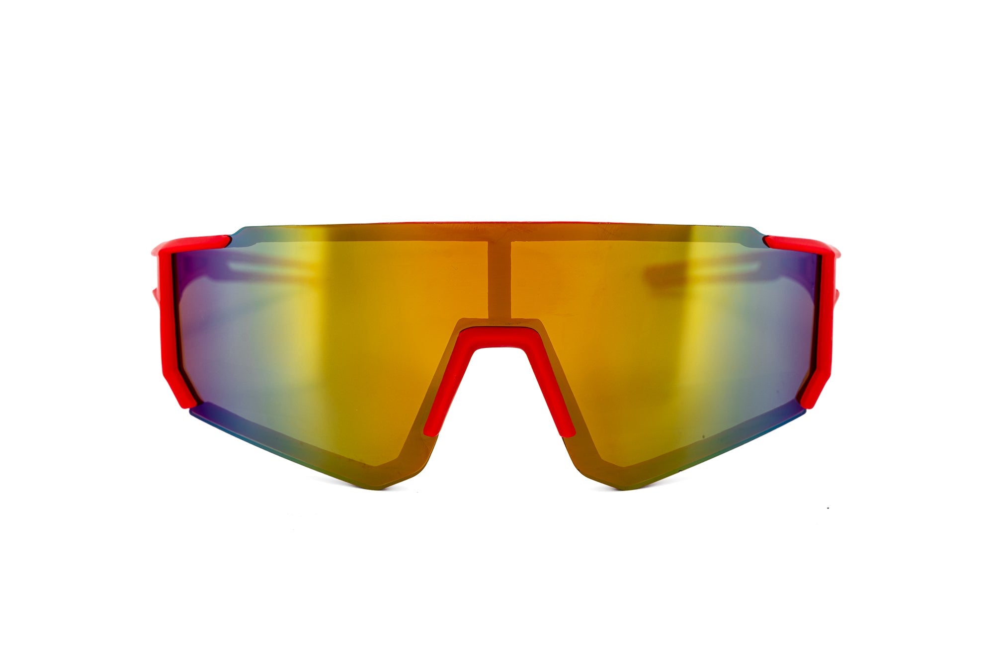 Kids sport shield sunglasses with red matte polycarbonate frame and gold mirrored lenses. — view 2