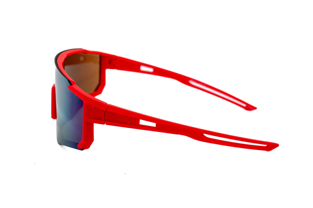 Kids sport shield sunglasses with red matte polycarbonate frame and gold mirrored lenses. — view 3