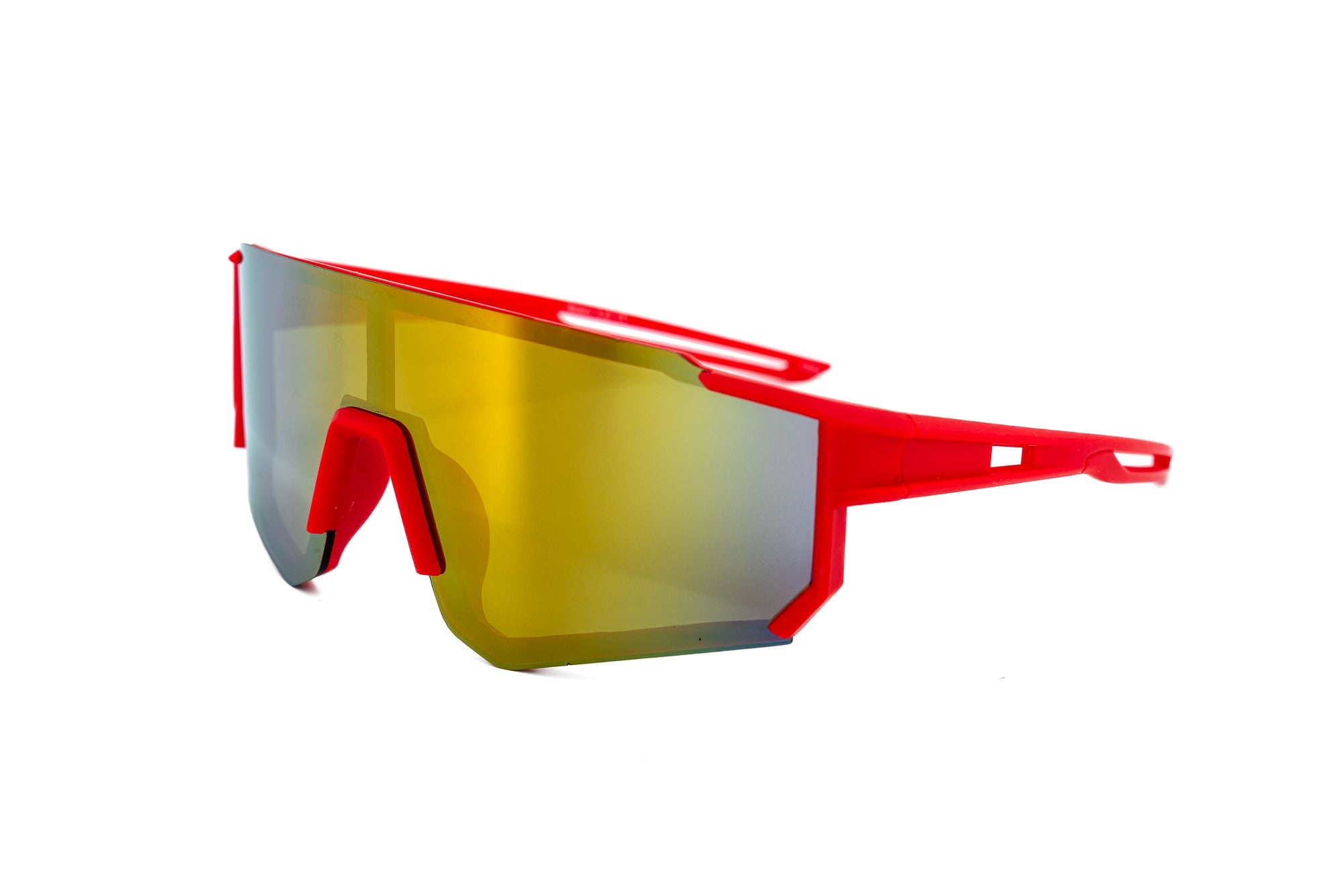 Kids sport shield sunglasses with red matte polycarbonate frame and gold mirrored lenses.