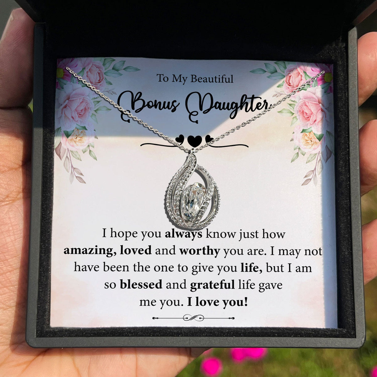 To My Beautiful Bonus Daughter - I am So Blessed Life Gave Me You - Orbital Birdcage Necklace-4
