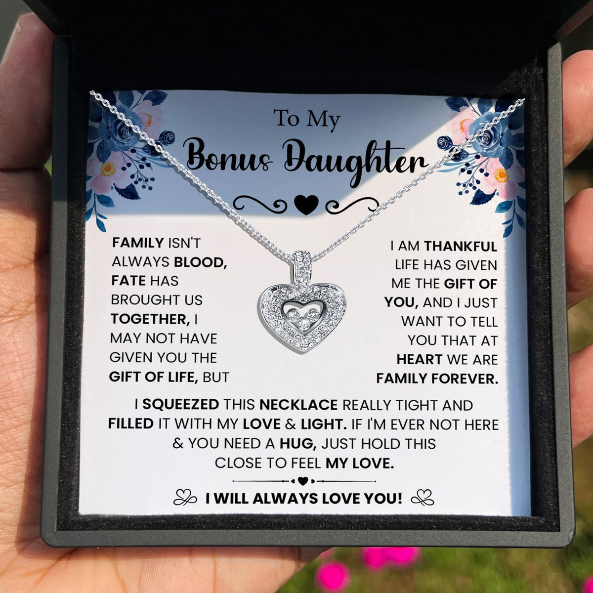 TRYNDI™ To My Beautiful Bonus Daughter Floating Heart Necklace With Authentic Swarovski Crystals-1