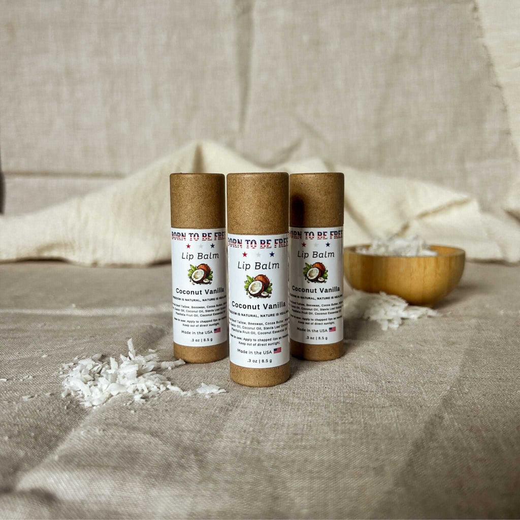 Natural coconut vanilla tallow lip balm in an eco-friendly kraft paper push-up tube packaging — view 2