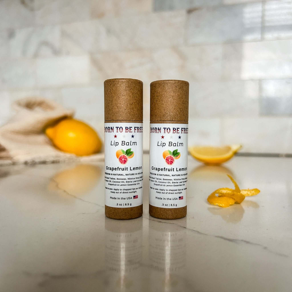 Grapefruit lemon natural lip balm in an eco-friendly kraft paper push-up tube