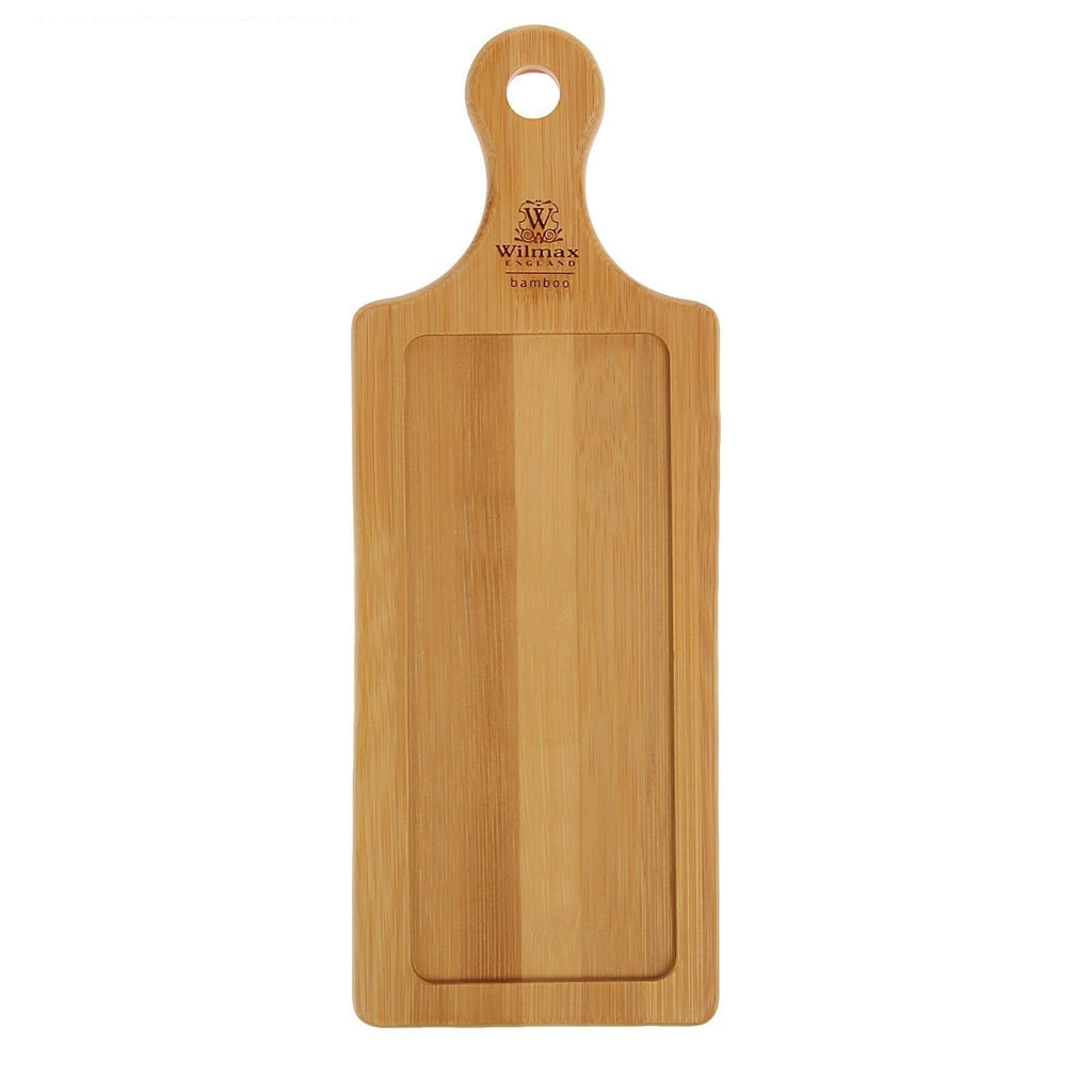 Rectangular natural bamboo serving tray with handle for appetizers and burger sliders — view 2