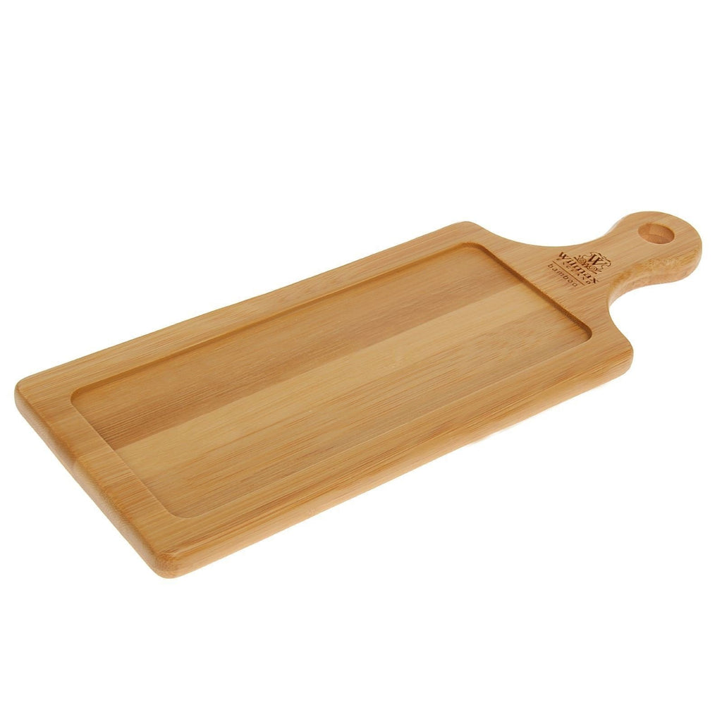 Rectangular natural bamboo serving tray with handle for appetizers and burger sliders — view 4