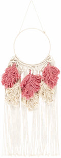Blush pink and ivory hand woven boho cotton tassel wall hanging on a metal rod