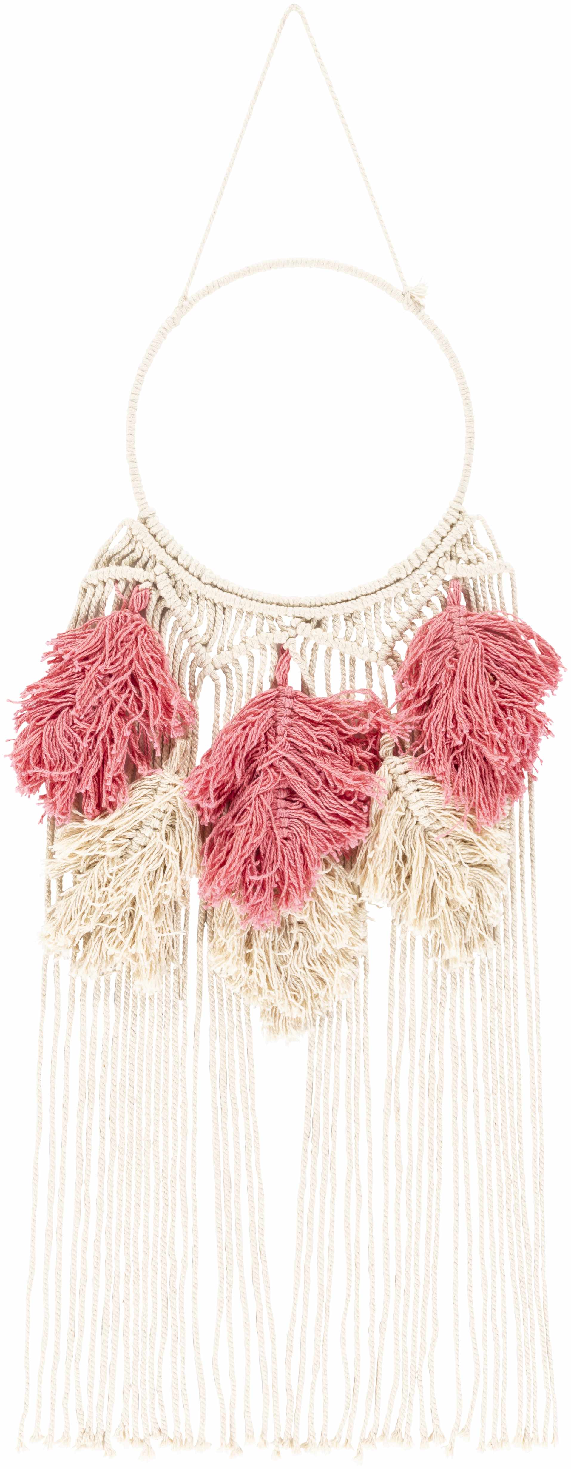 Blush pink and ivory hand woven boho cotton tassel wall hanging on a metal rod