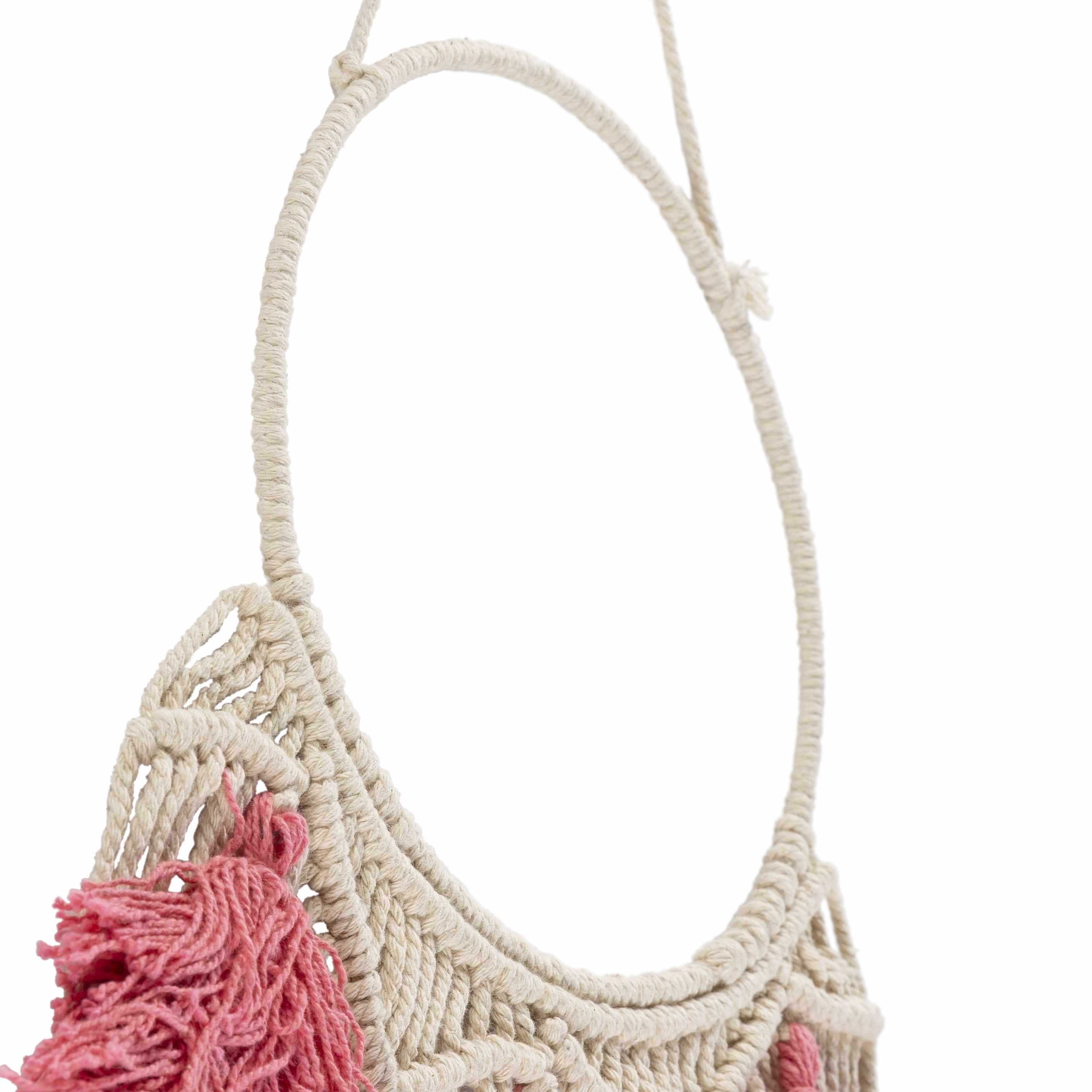 Blush pink and ivory hand woven boho cotton tassel wall hanging on a metal rod — view 4