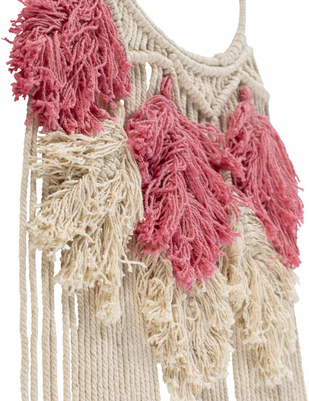 Blush pink and ivory hand woven boho cotton tassel wall hanging on a metal rod — view 2