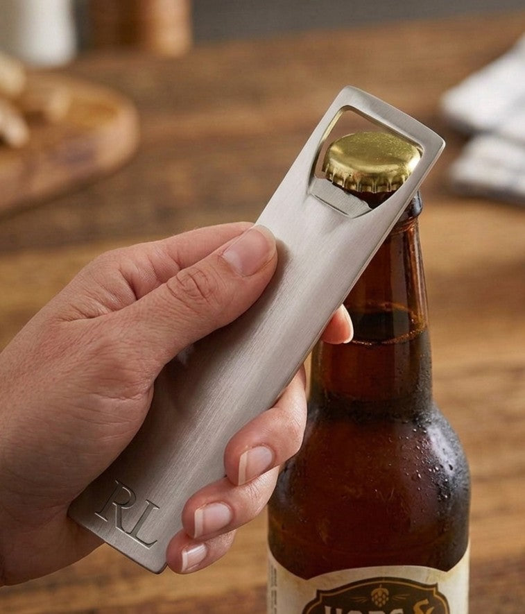 Long rectangle stainless steel bottle opener with a sleek polished finish for modern home bars — view 2