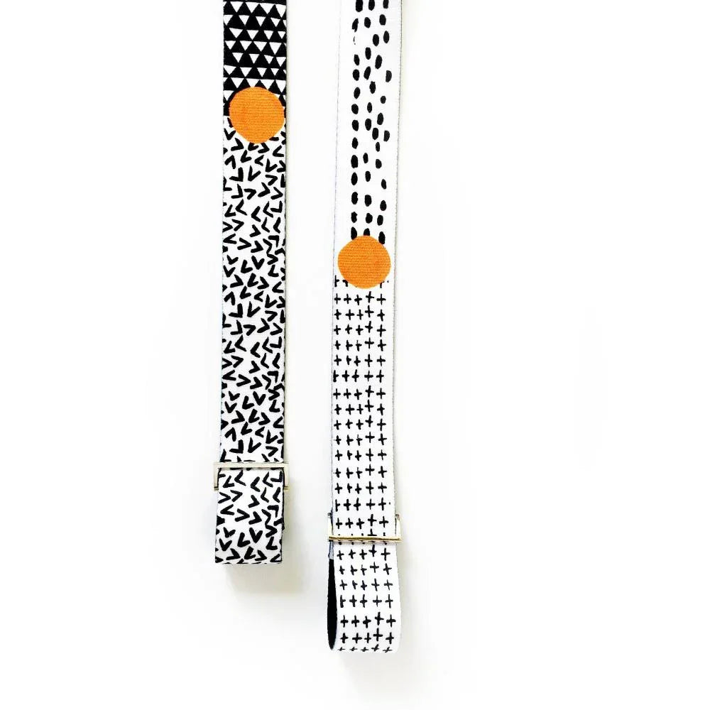White Bowie yoga strap with retro print, organic cotton material, and adjustable metal D-ring buckles