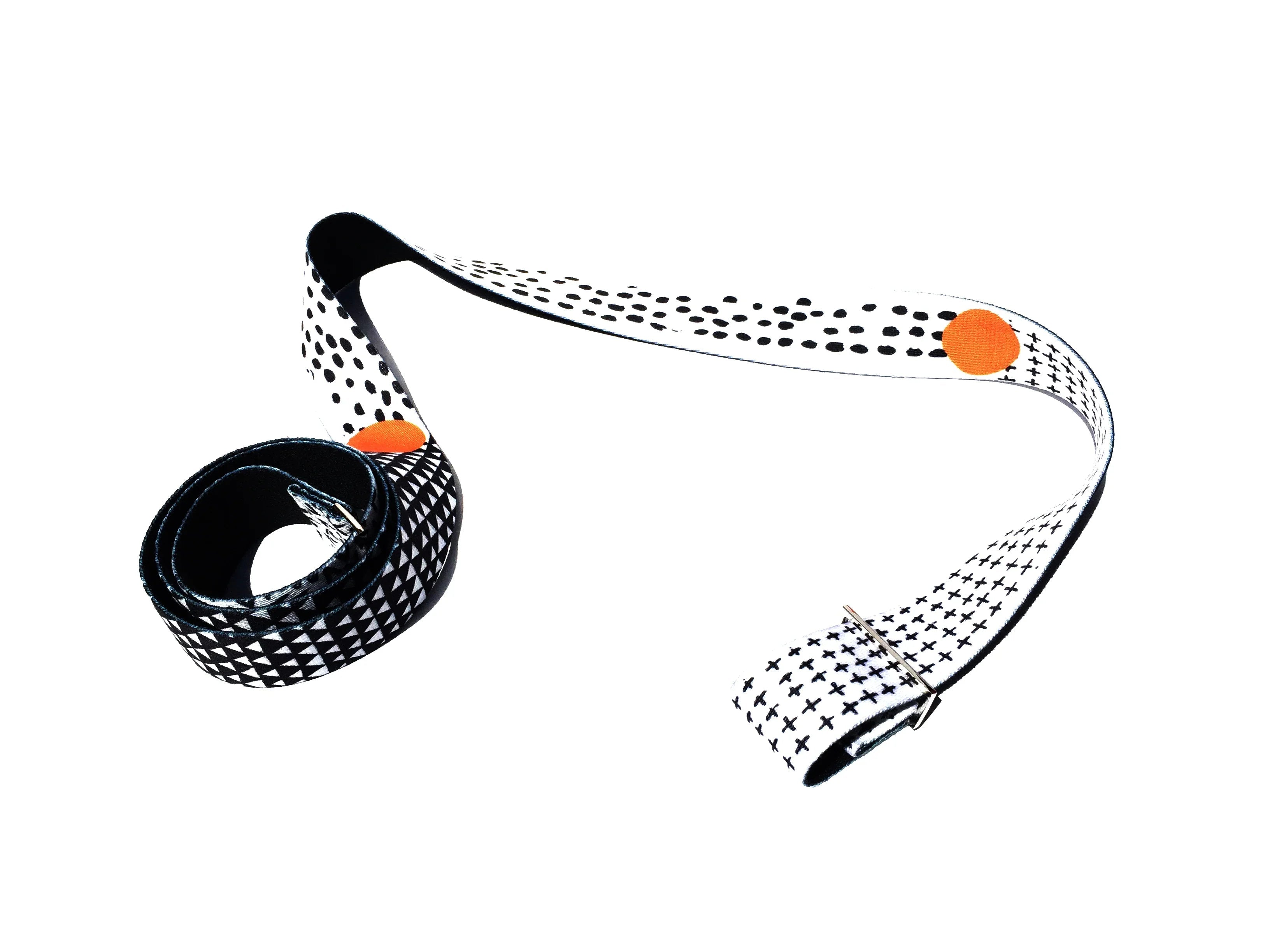 White Bowie yoga strap with retro print, organic cotton material, and adjustable metal D-ring buckles — view 3