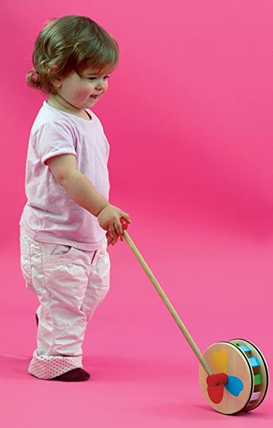 Wooden multi coloured toddler push along toy with smooth rolling wheels and sturdy handle. — view 2