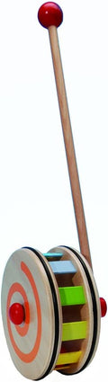 Wooden multi coloured toddler push along toy with smooth rolling wheels and sturdy handle.