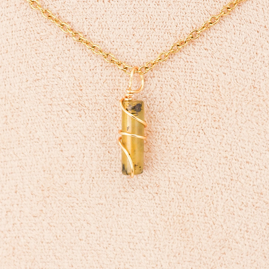Plum blossom jade mini pillar pendant necklace displayed on a leather cord or gold chain — view 5