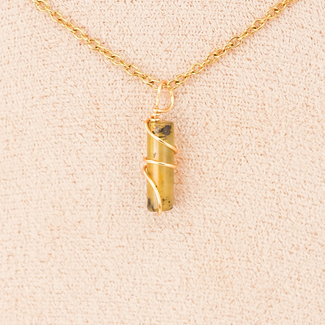 Plum blossom jade mini pillar pendant necklace displayed on a leather cord or gold chain — view 5