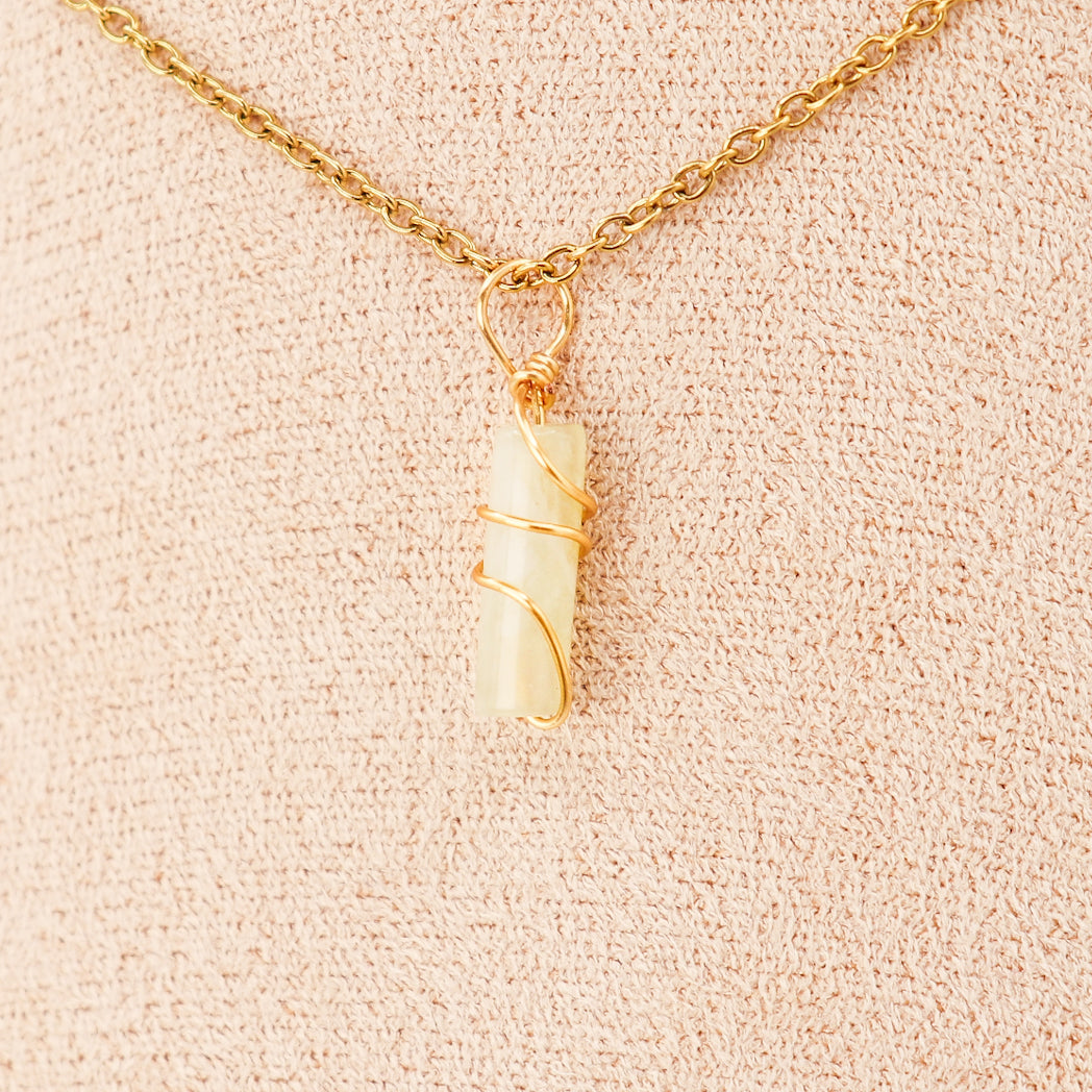 Plum blossom jade mini pillar pendant necklace displayed on a leather cord or gold chain — view 3