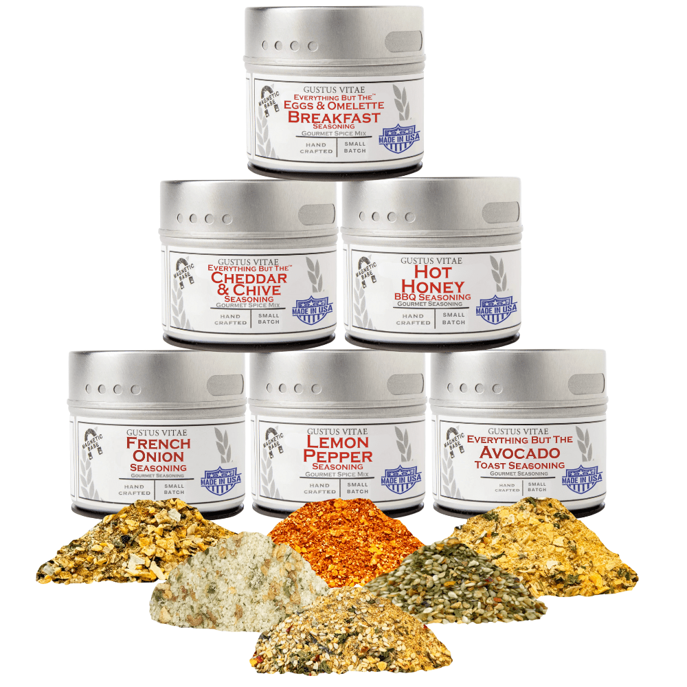Breakfast and brunch gourmet seasoning six piece set with all natural ingredients in magnetic tins