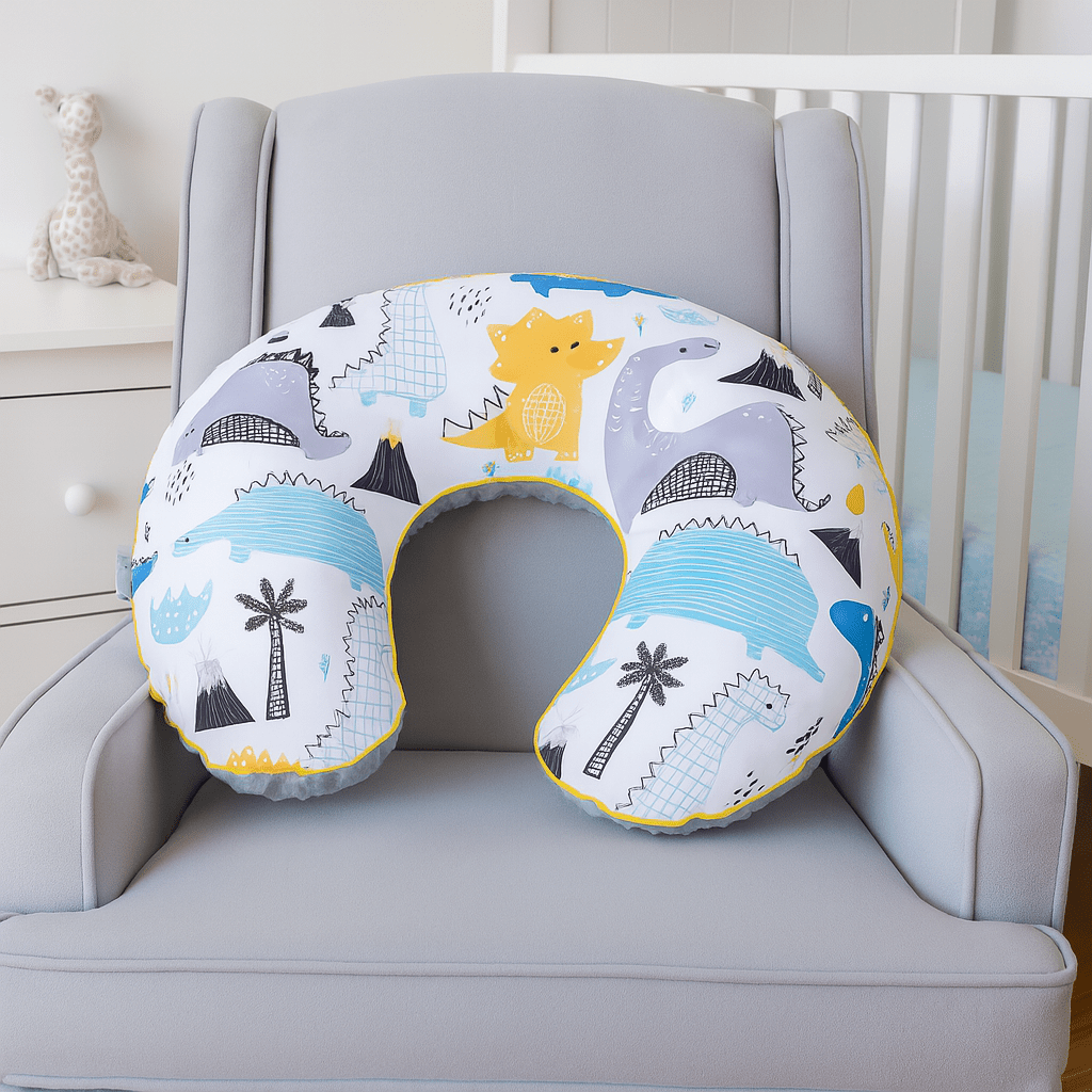 Dino print C-shape nursing pillow with breathable cotton cover for breastfeeding and maternity support