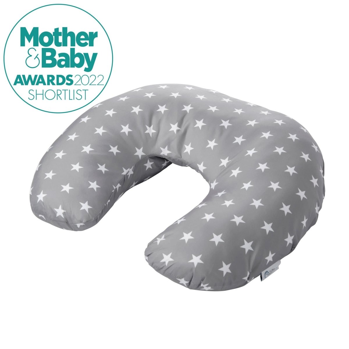 Grey star maternity nursing pillow with soft breathable cotton cover and ergonomic C-shape contoured design — view 2