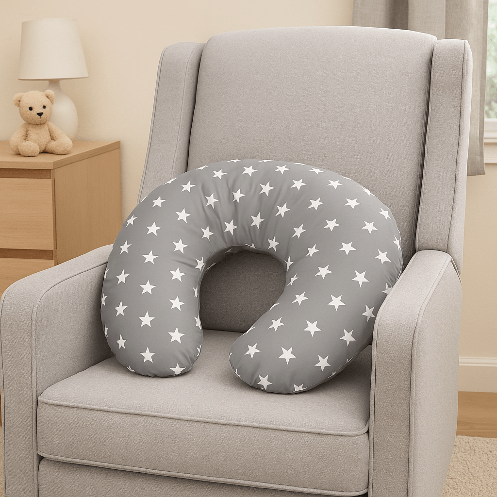 Grey star maternity nursing pillow with soft breathable cotton cover and ergonomic C-shape contoured design