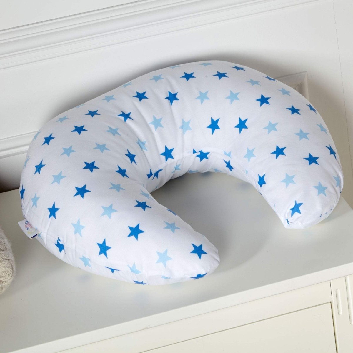 Little star blue breastfeeding maternity nursing pillow with an ergonomic curved shape for babies. — view 2