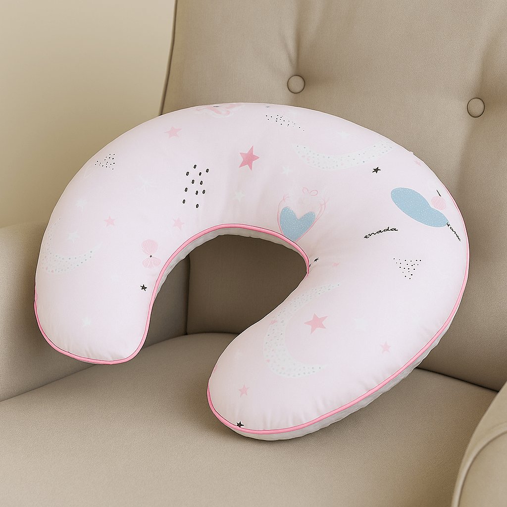 Pixie print maternity nursing pillow with an ergonomic C-shape and washable cotton cover