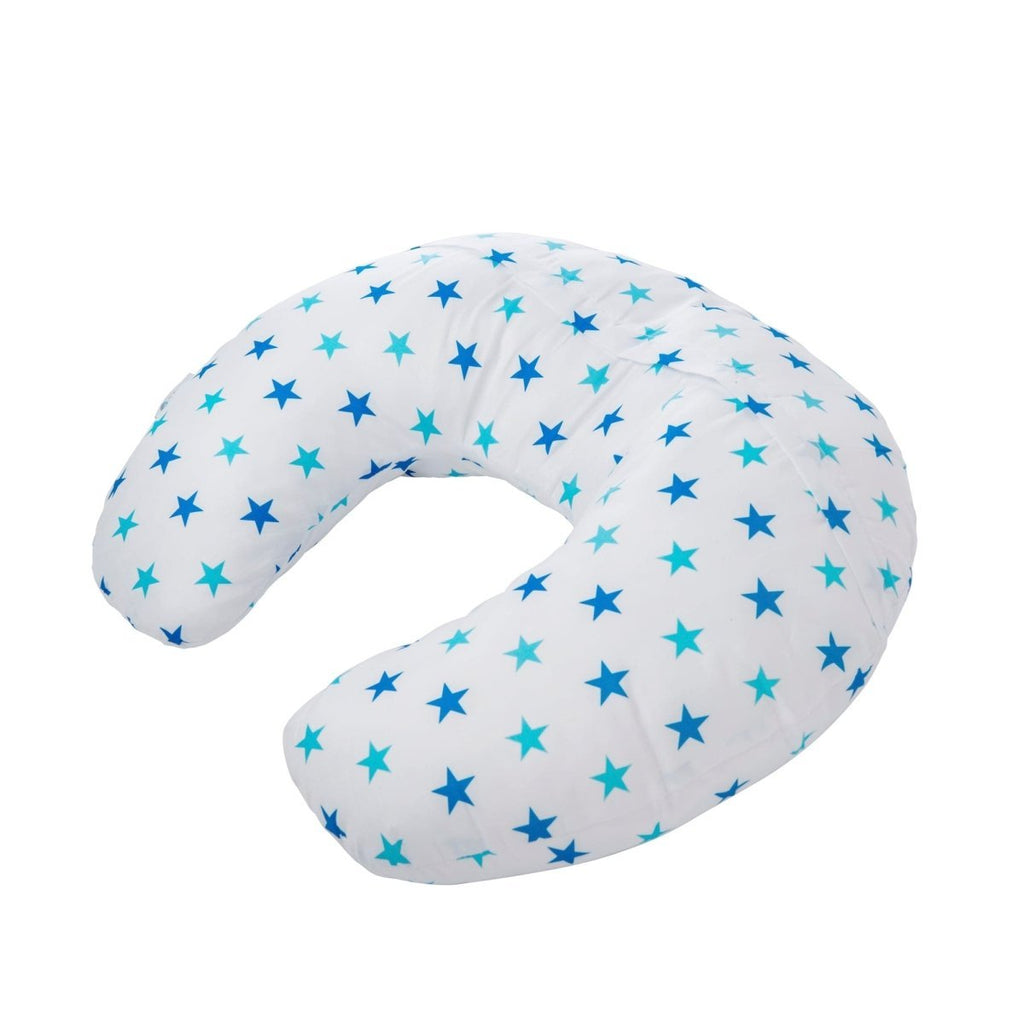 Light blue breastfeeding nursing pillow cover with white star pattern and secure side zipper closure — view 4
