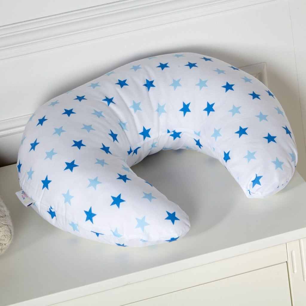 Light blue breastfeeding nursing pillow cover with white star pattern and secure side zipper closure