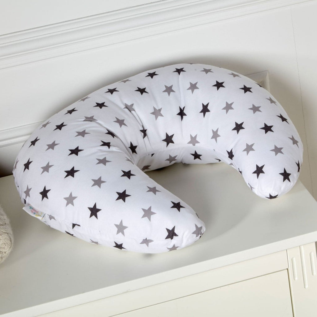 Silver twinkle breastfeeding nursing pillow cover featuring a delicate star pattern and soft, comfortable fabric